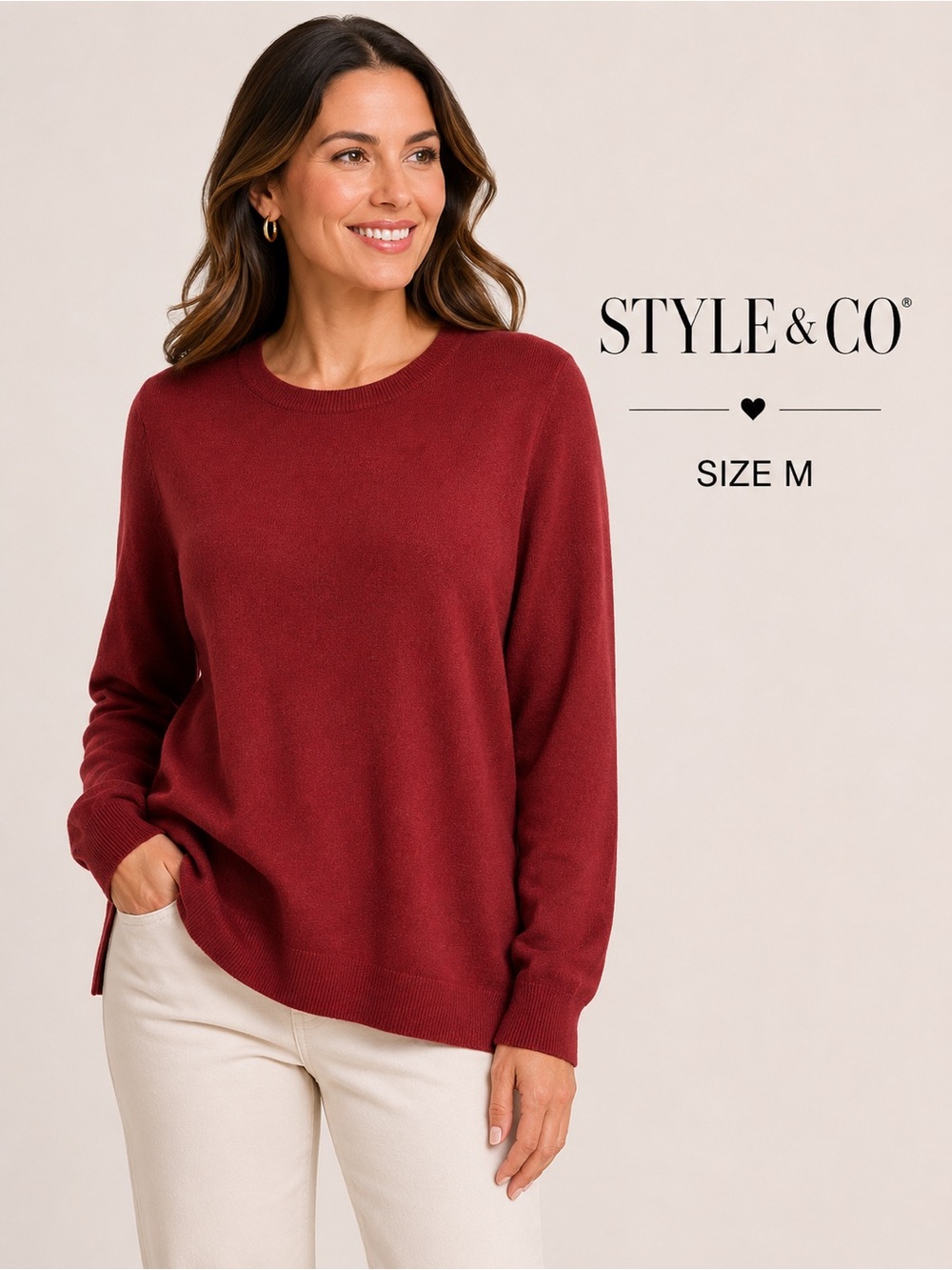 STYLE & CO Burgundy Knit Sweater Size M Classic Long Sleeve Pullover